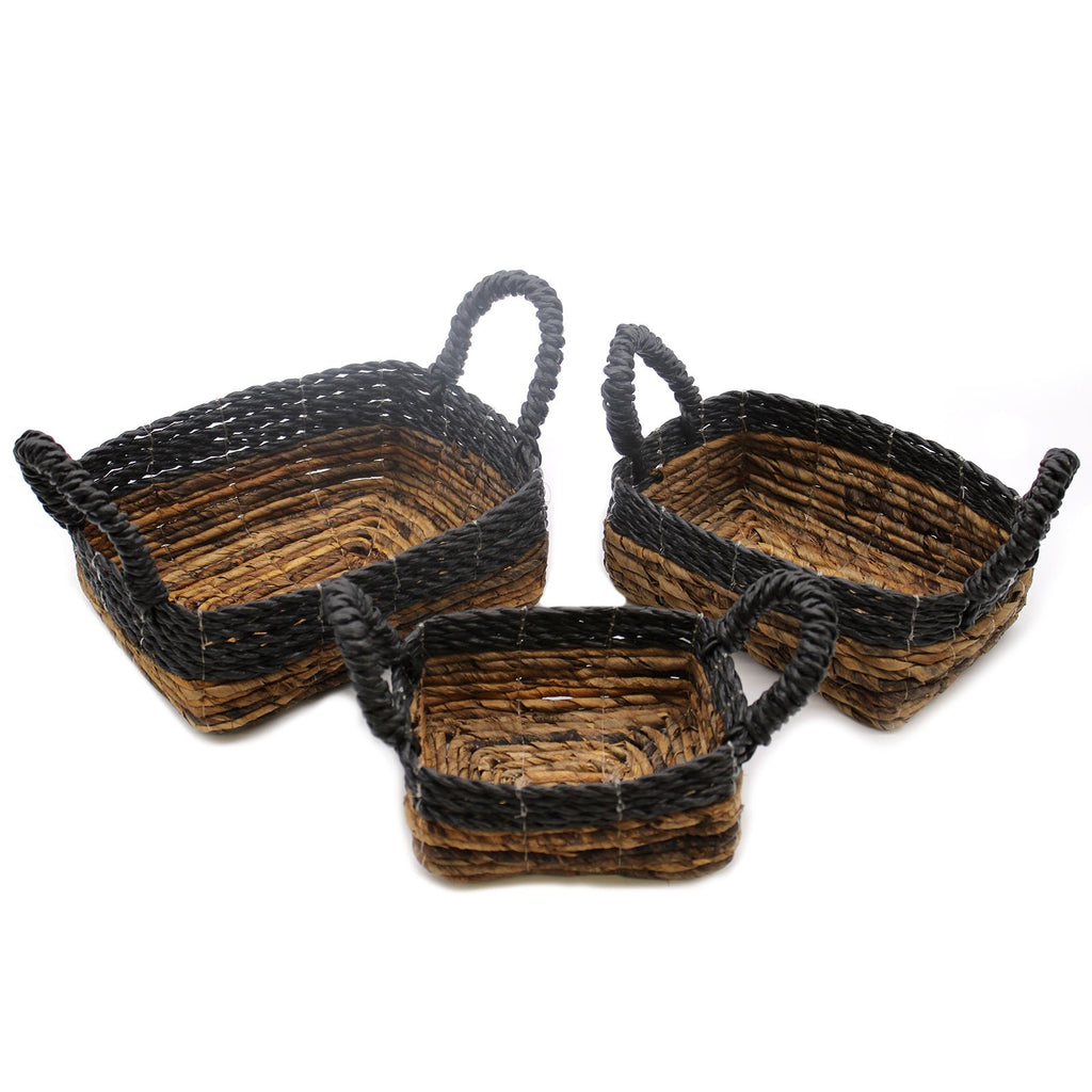 Banana Leaf & Black Raffia Square Baskets, Set of 3 – view 3