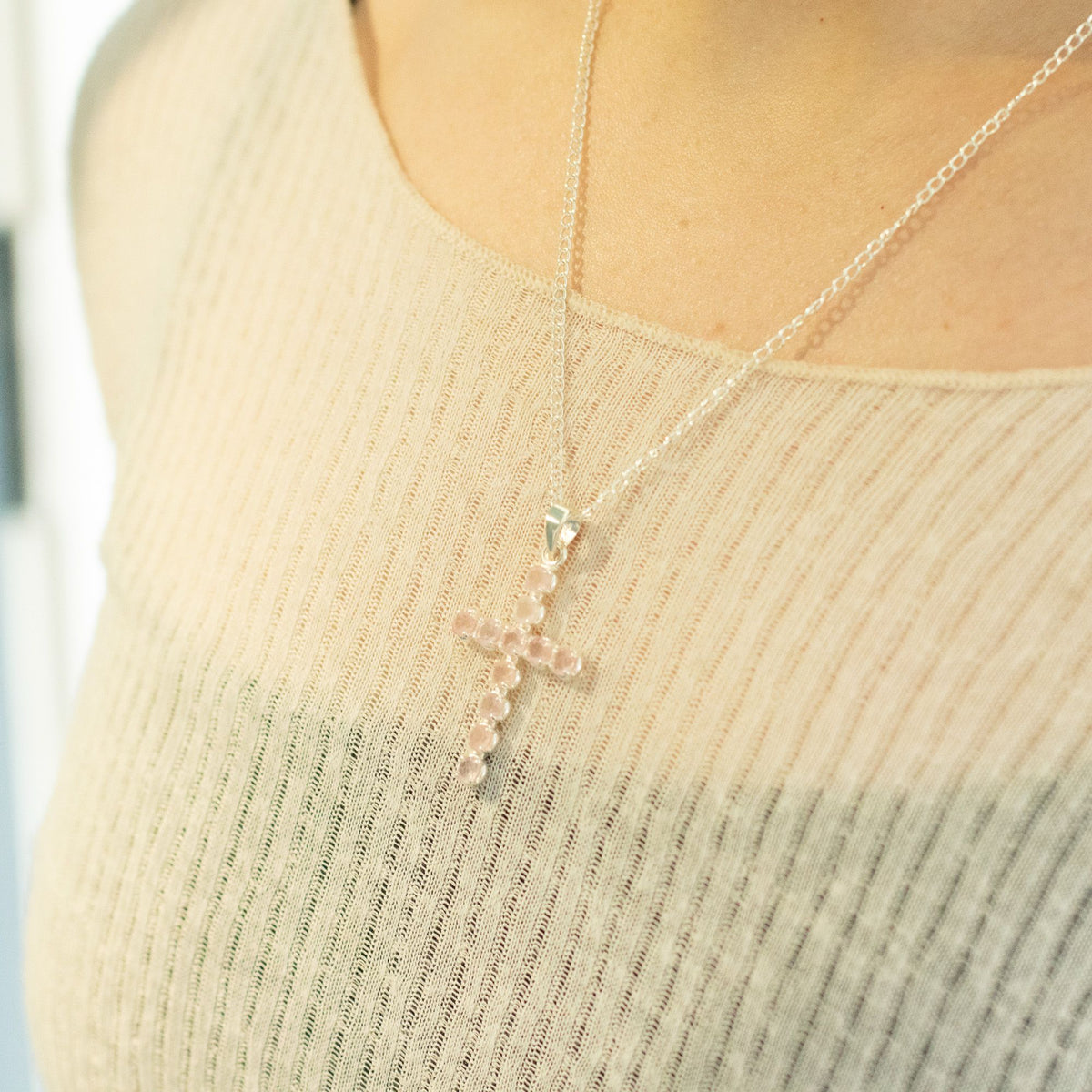 Rose Quartz Crucifix Pendant Necklace on Silver Plated Chain – view 2