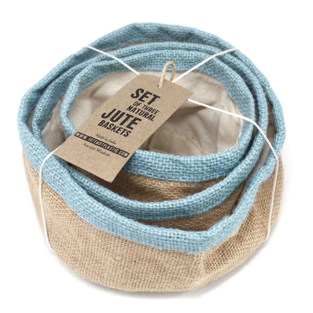 Set of 3 Natural Jute Baskets - Teal – view 4