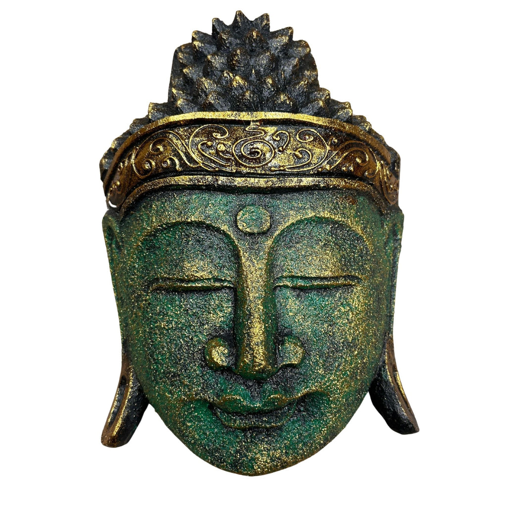 Hand Carved Buddha Head Wall Decor, 25 cm, Green Shine