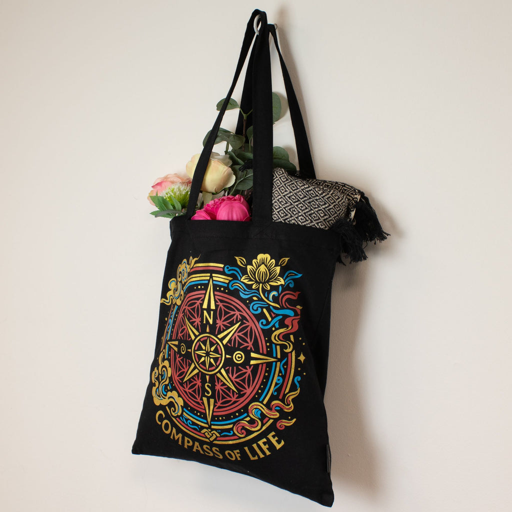 Compass of Life Cotton Tote Bag - Black – view 5