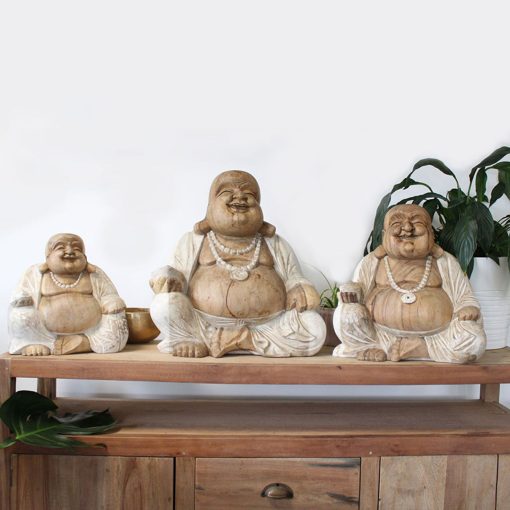 Hand Carved Happy Buddha Statue, Whitewash, 30cm – view 7