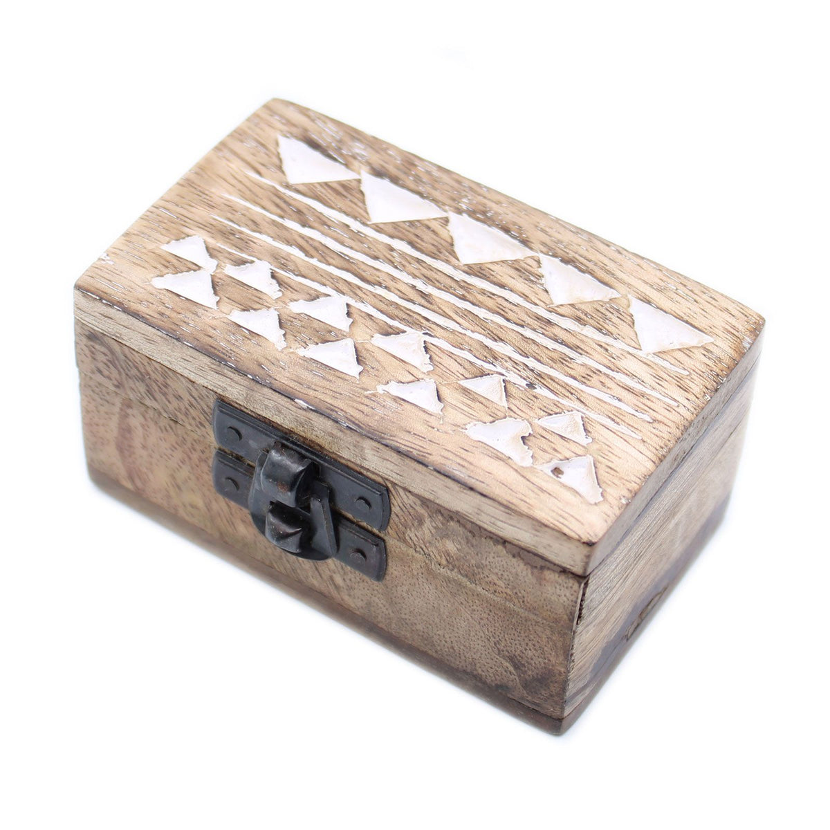 White Wash Mango Wood Pill Box, Aztec Design