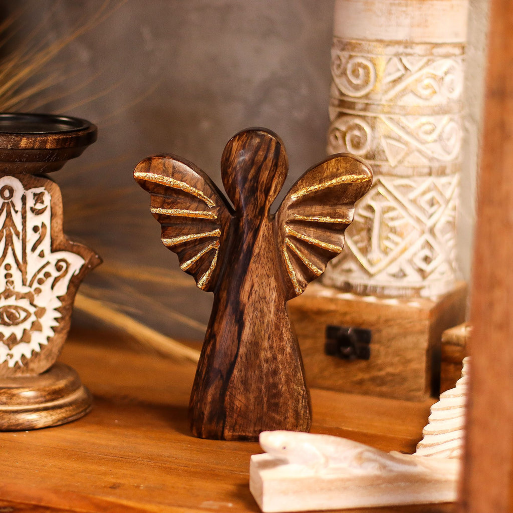Large Mango Wood Angel - Gold Wings, 19cm – view 2