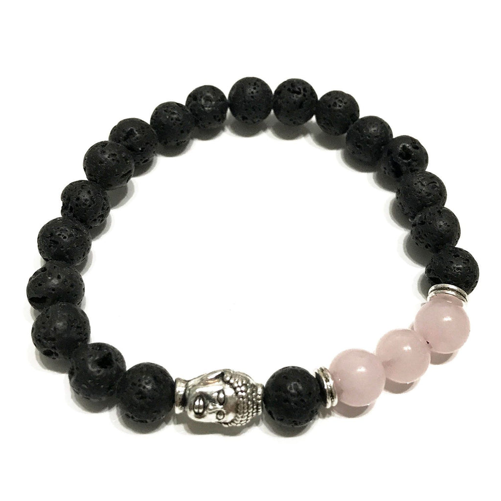 Lava Stone Bracelet with Buddha Head and Rose Quartz