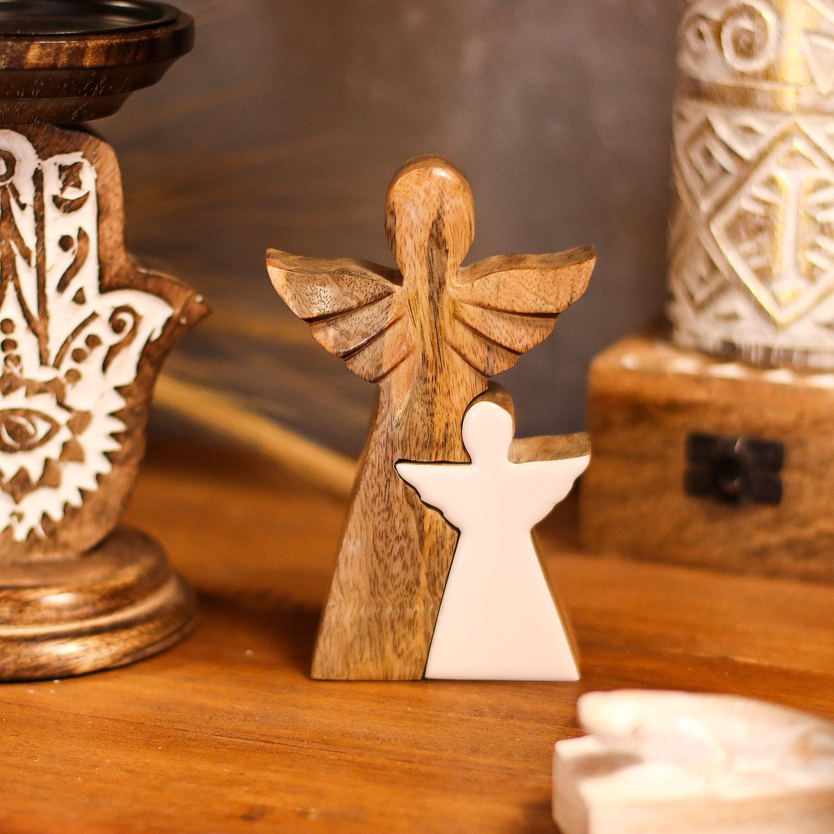 Mango Wood Angel in Angel, White Enamel, 15x2cm – view 4