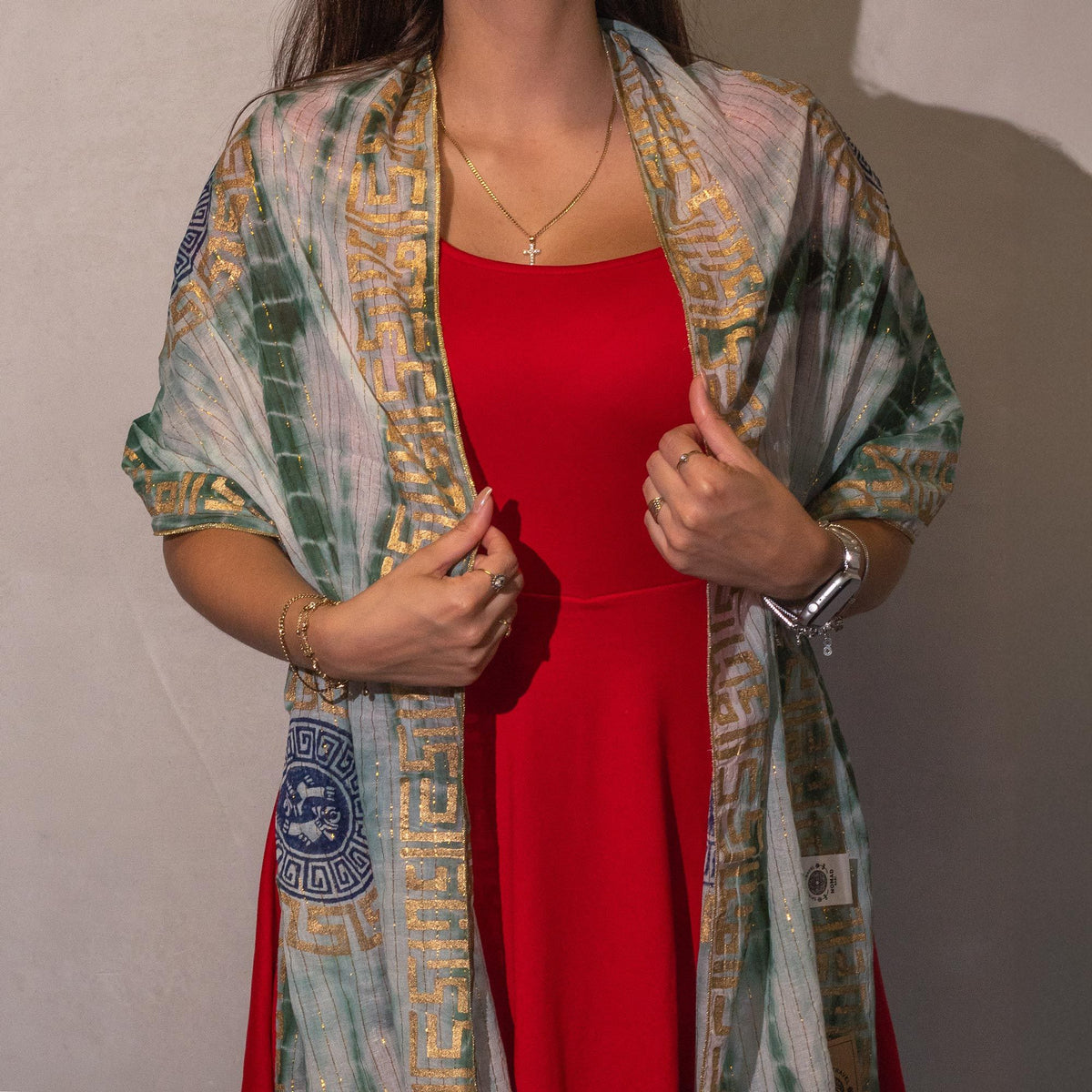 Nomad Sari Marbella Print Summer Scarf - Green and Gold – view 2