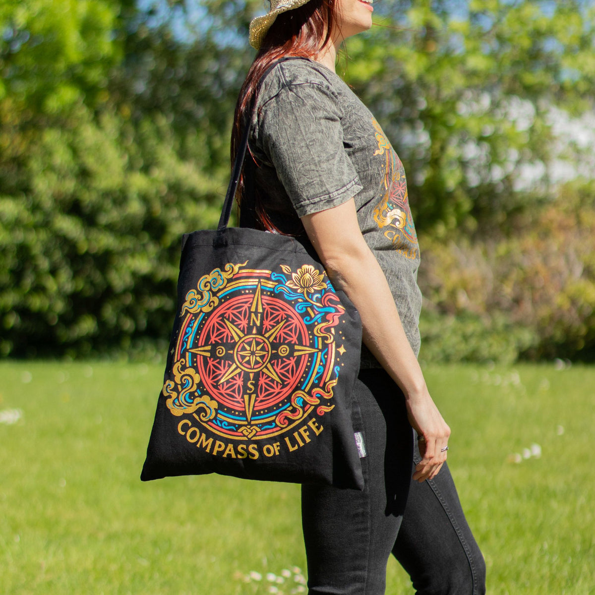 Compass of Life Cotton Tote Bag - Black – view 6