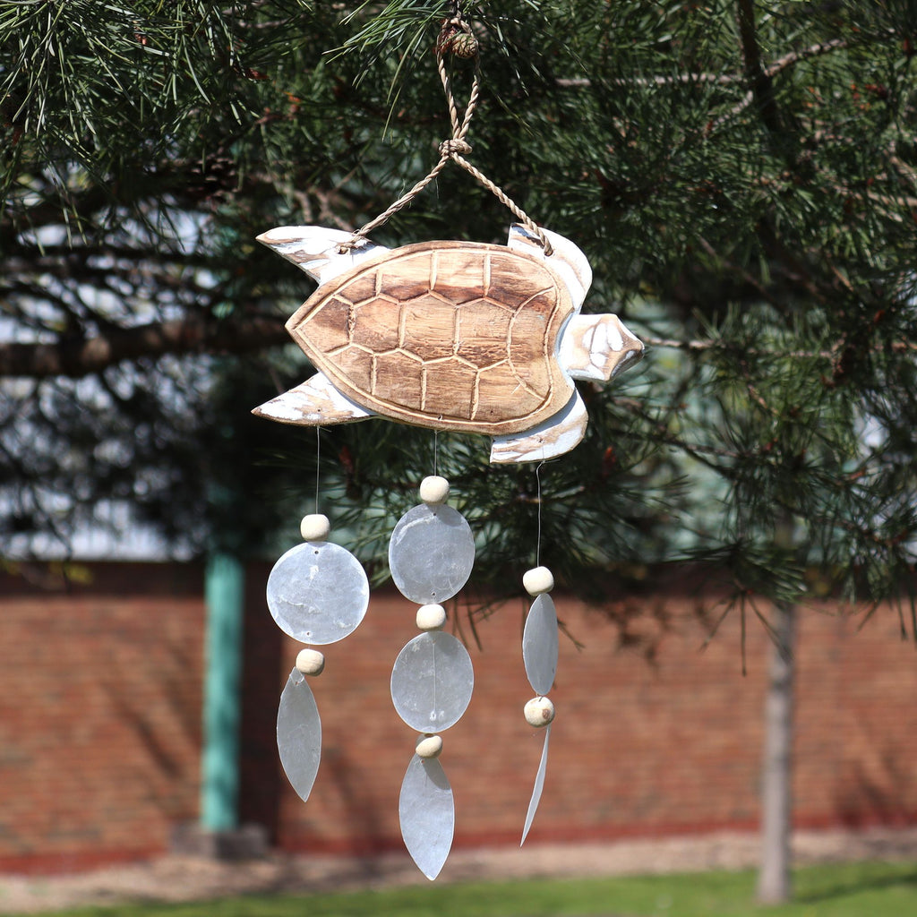 Whitewash Turtle Carving & Natural Capiz Wind Chime