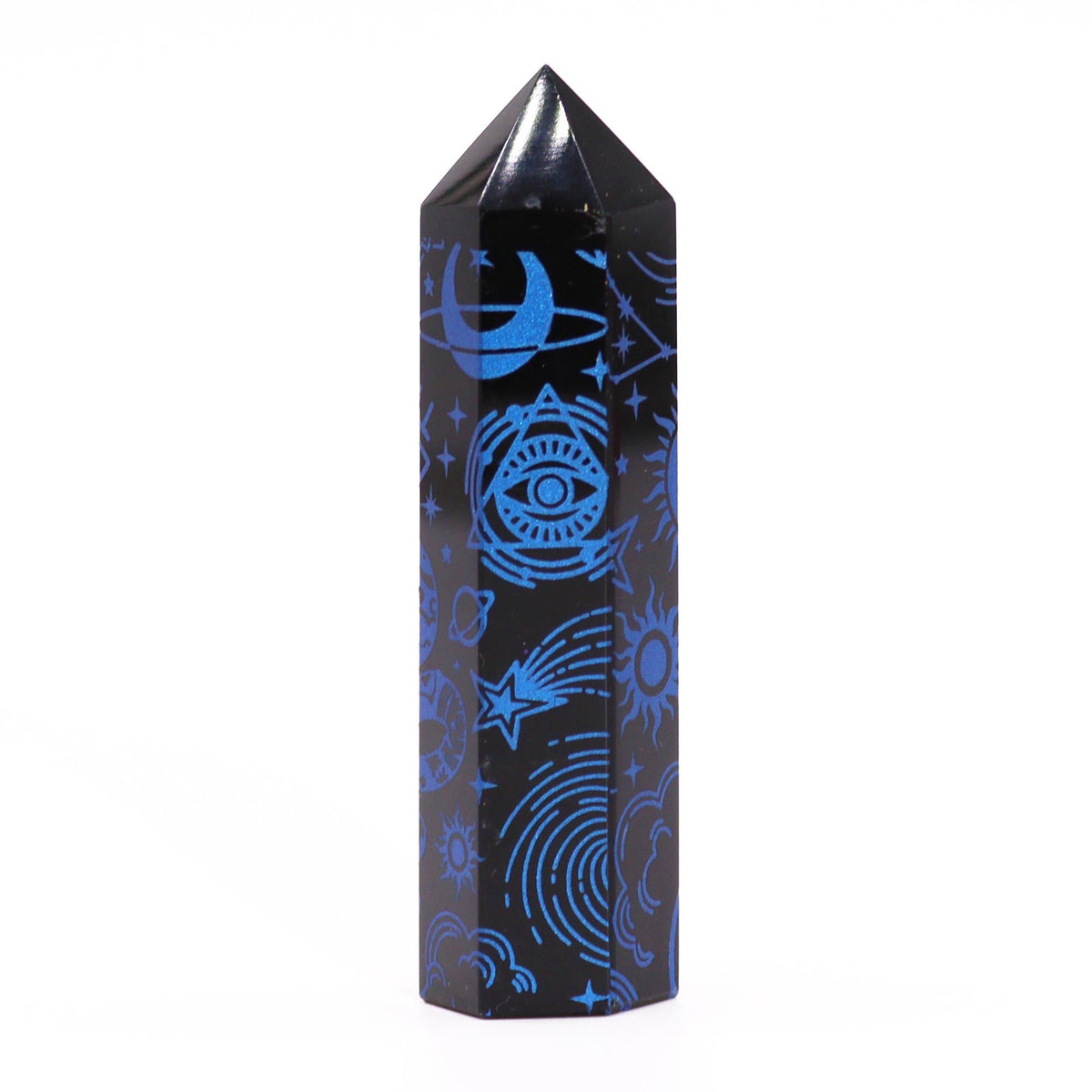 Engraved Black Obsidian Point - Midnight Blue Celestial Symbols – view 5