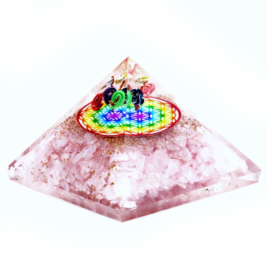 Orgonite Pyramid, Rose Quartz Rainbow Flower of Life, 70mm – view 2