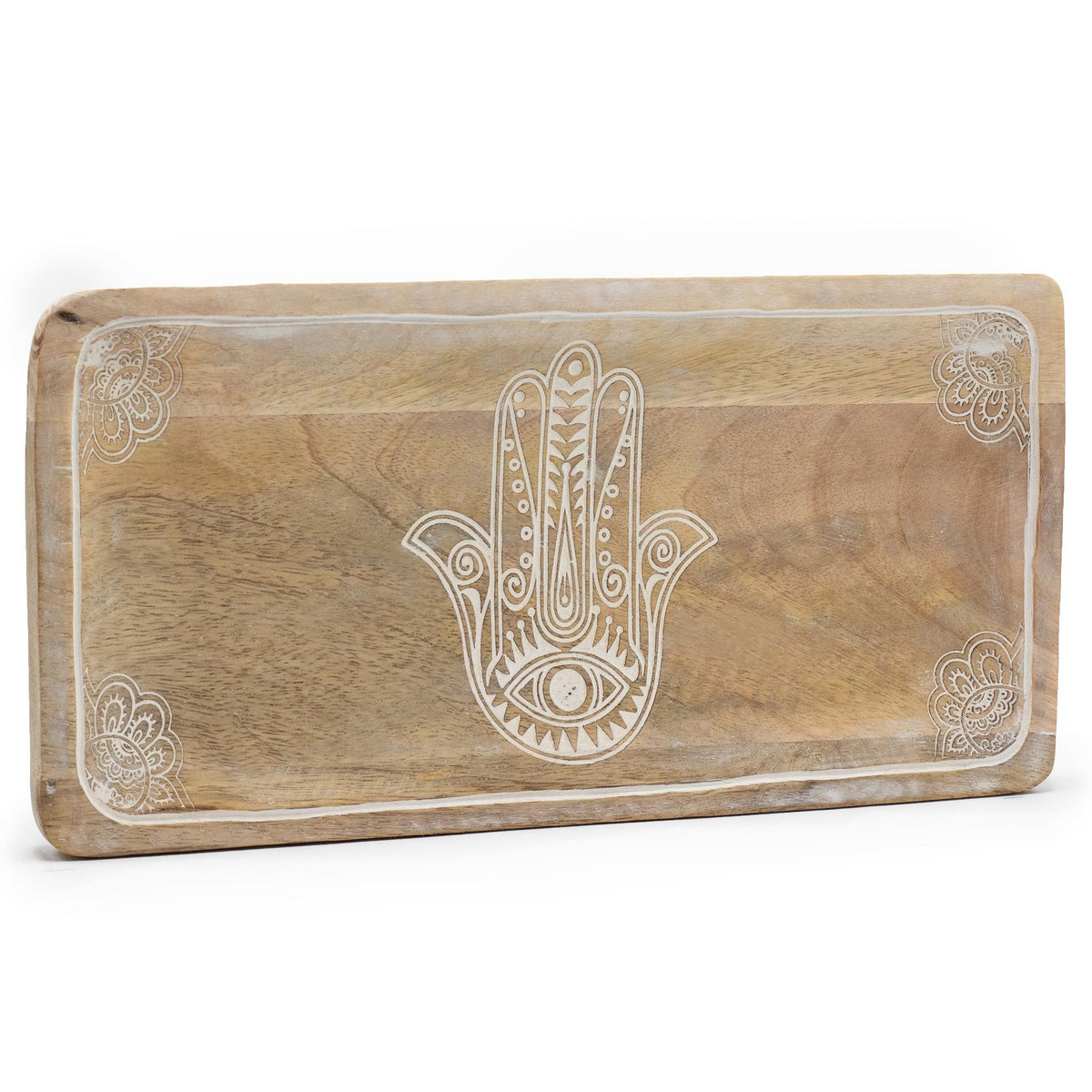 Mango Wood Long Tray 30x15cm, Hamsa Whitewash