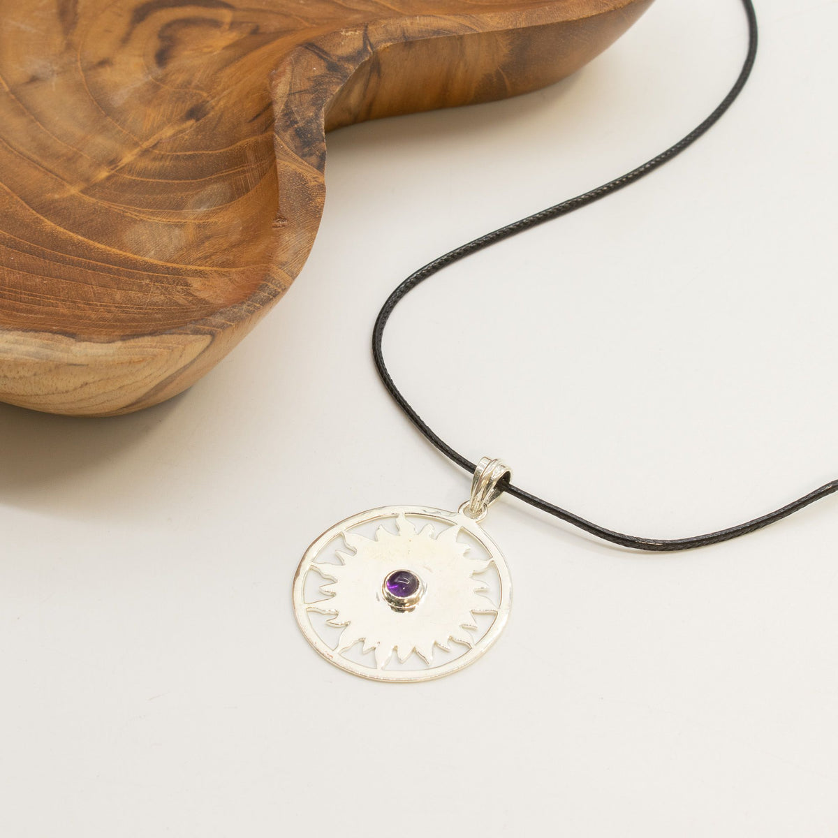 Sun Worship Amethyst Pendant Necklace Silver Plated Cord – view 6
