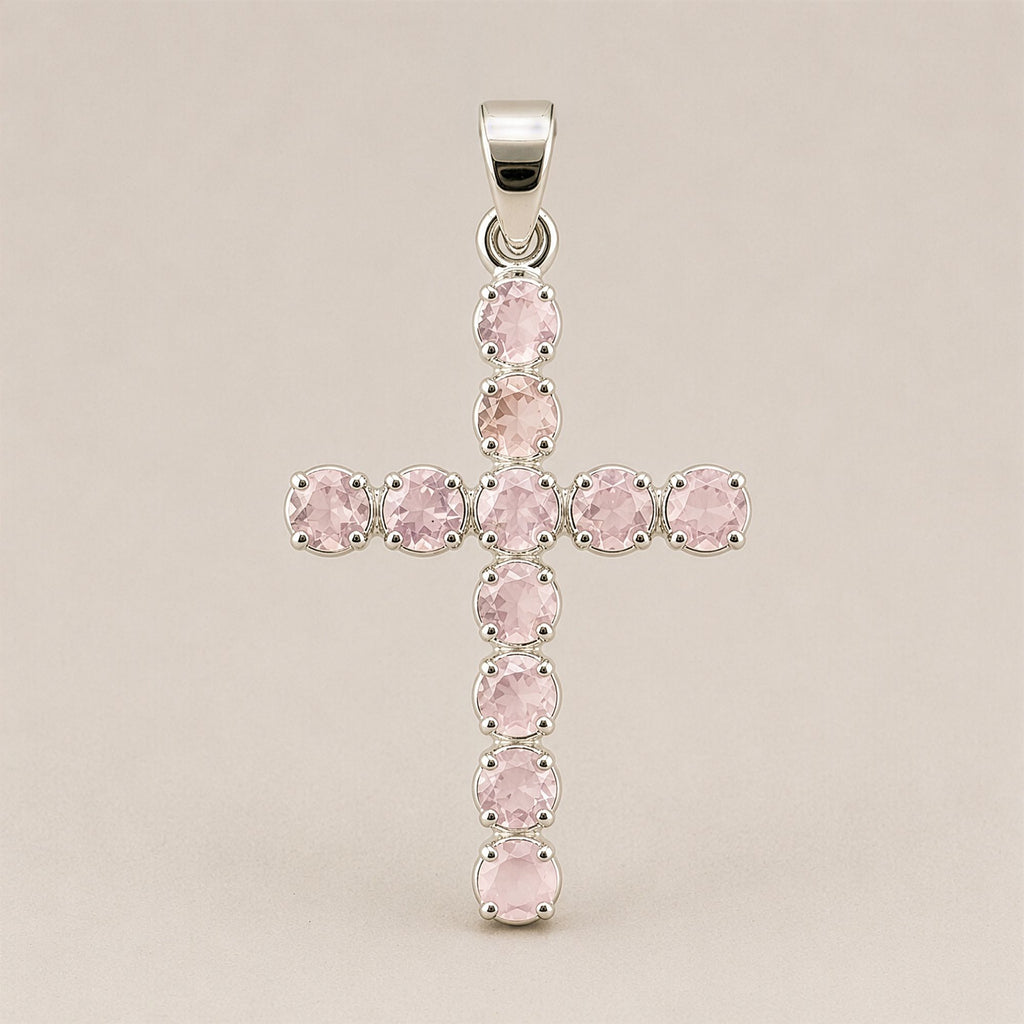 Rose Quartz Crucifix Pendant Necklace on Silver Plated Chain – view 3