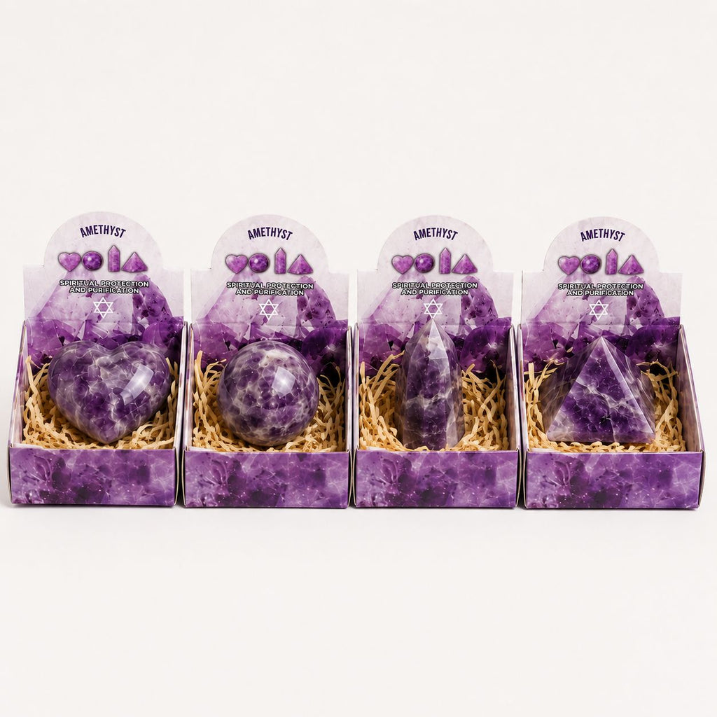 Amethyst Gemstone Shapes Set - Heart, Sphere, Obelisk, Pyramid
