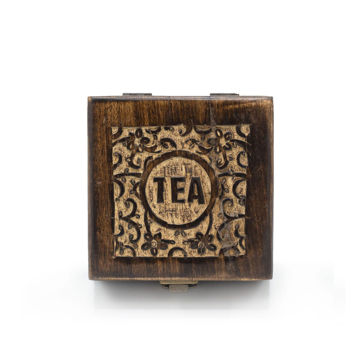 Mango Wood Carved Tea Box - 4 Compartments - 15x15x8cm – view 2