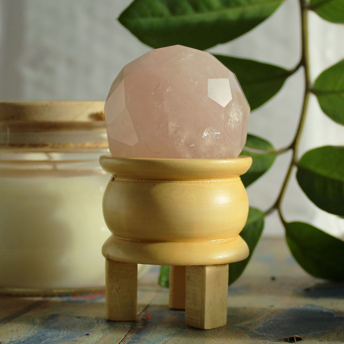 Faceted Rose Quartz Healing Ball with Wooden Stand – view 3