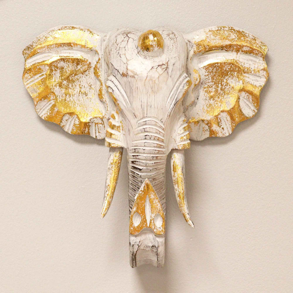 Large Wood Elephant Head, Gold and Whitewash – view 2