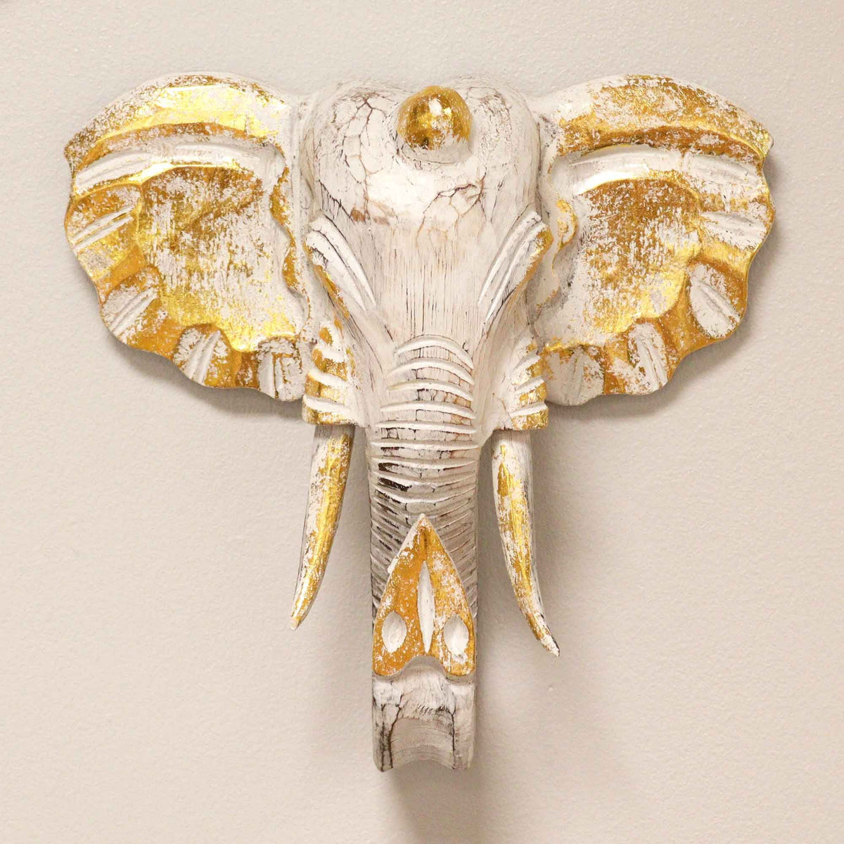 Large Wood Elephant Head, Gold and Whitewash – view 2