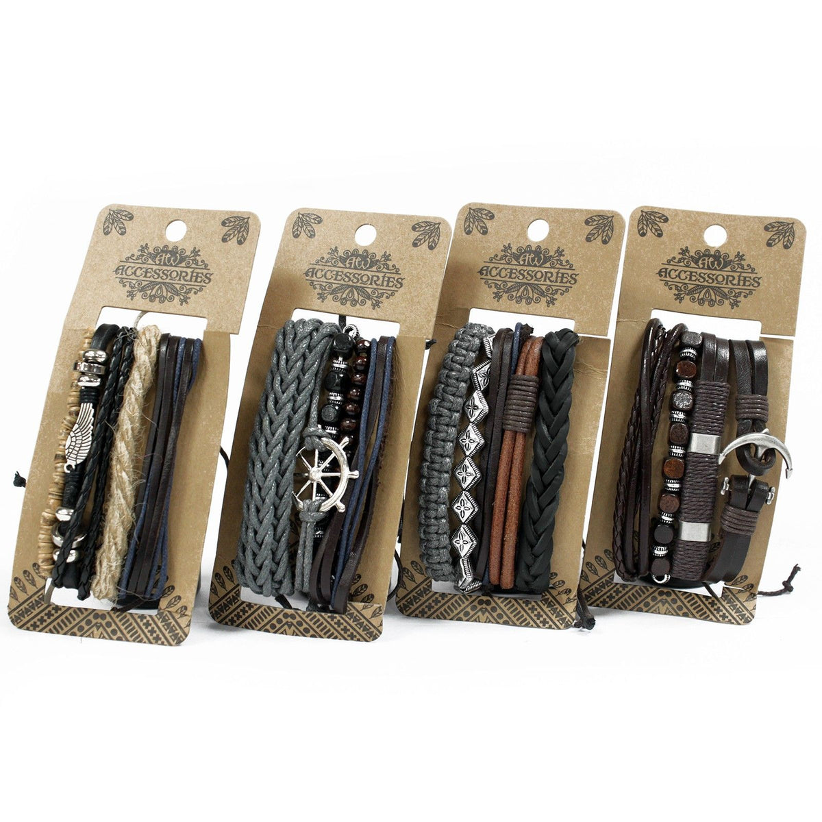 Men's Bracelet Set - Metal & Leather, 4 Pieces