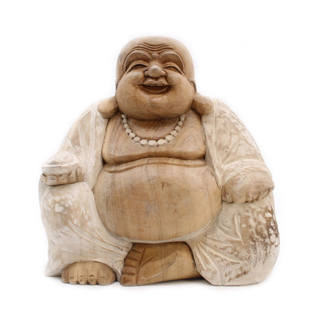 Hand Carved Happy Buddha Statue, Whitewash, 30cm – view 6