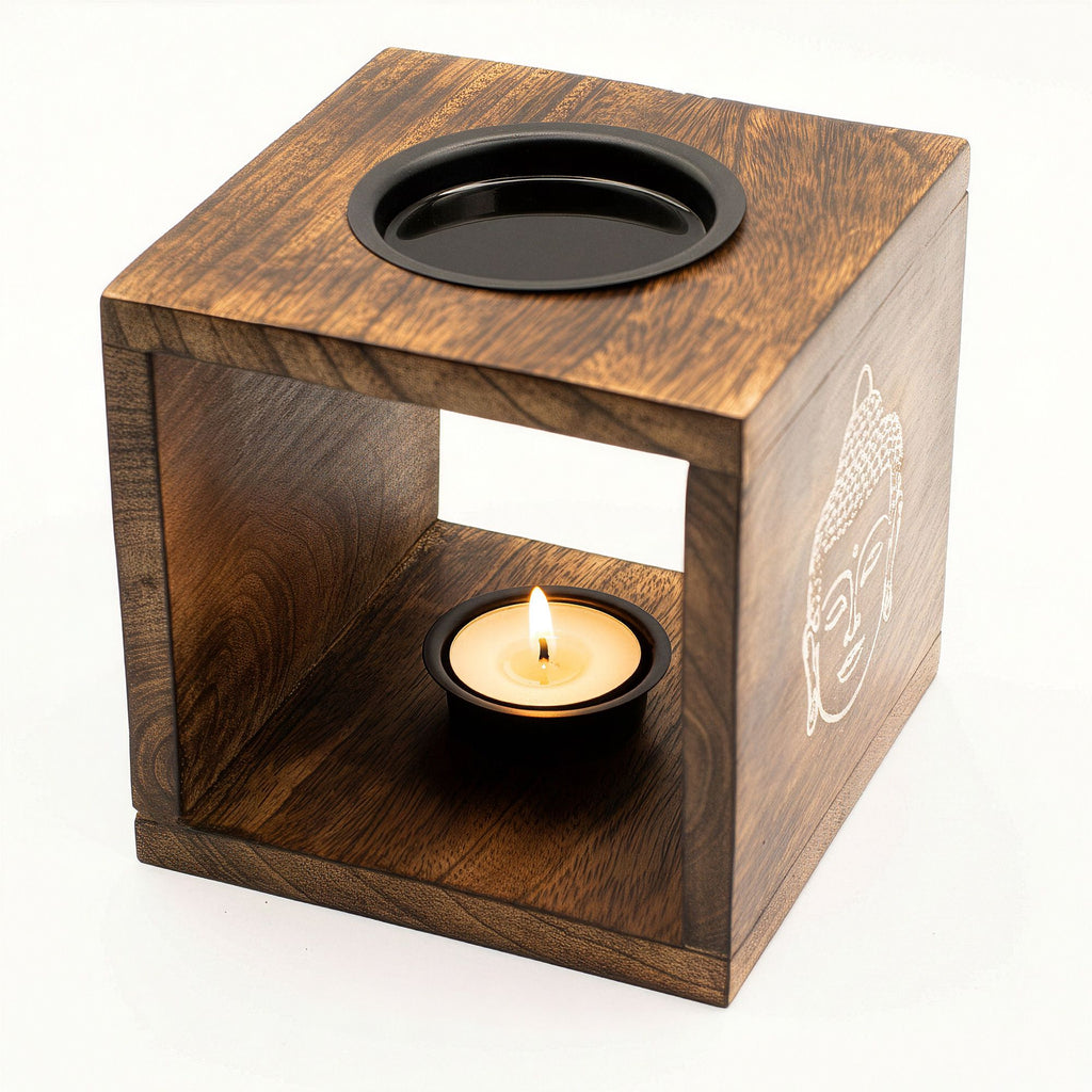 Large Square Mango Wood Oil Burner - Buddha Face – view 3