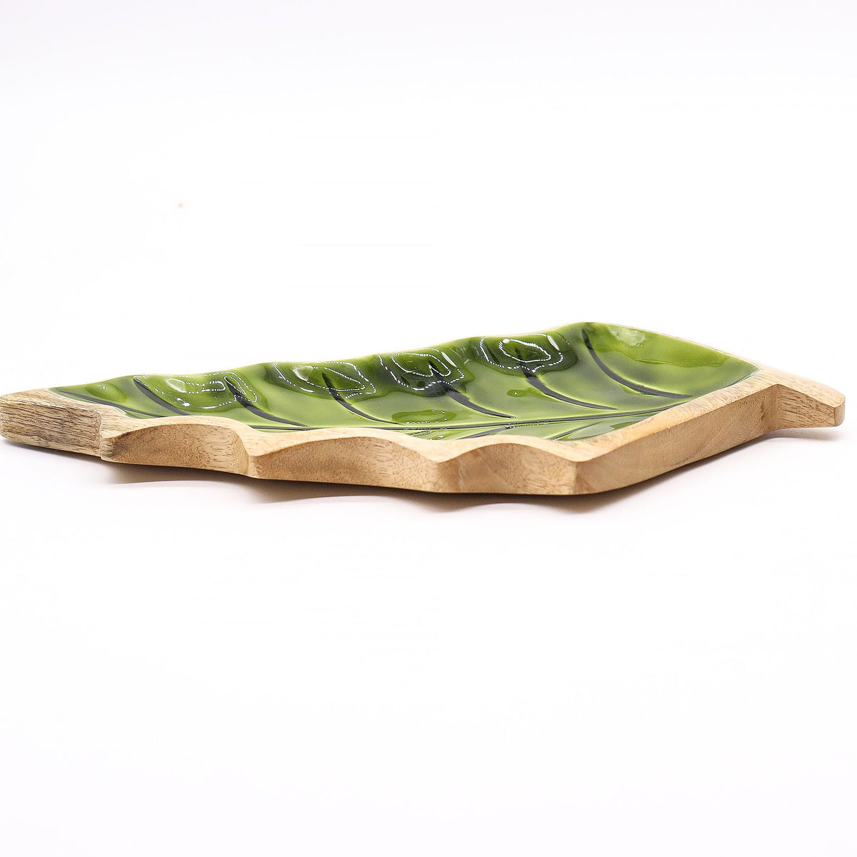 Green Enamel Leaf Wooden Bowl - 33 x 17 cm – view 8