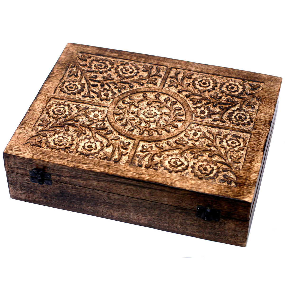 Mango Wood Carved Storage Box - Floral, Holds 80 Bottles