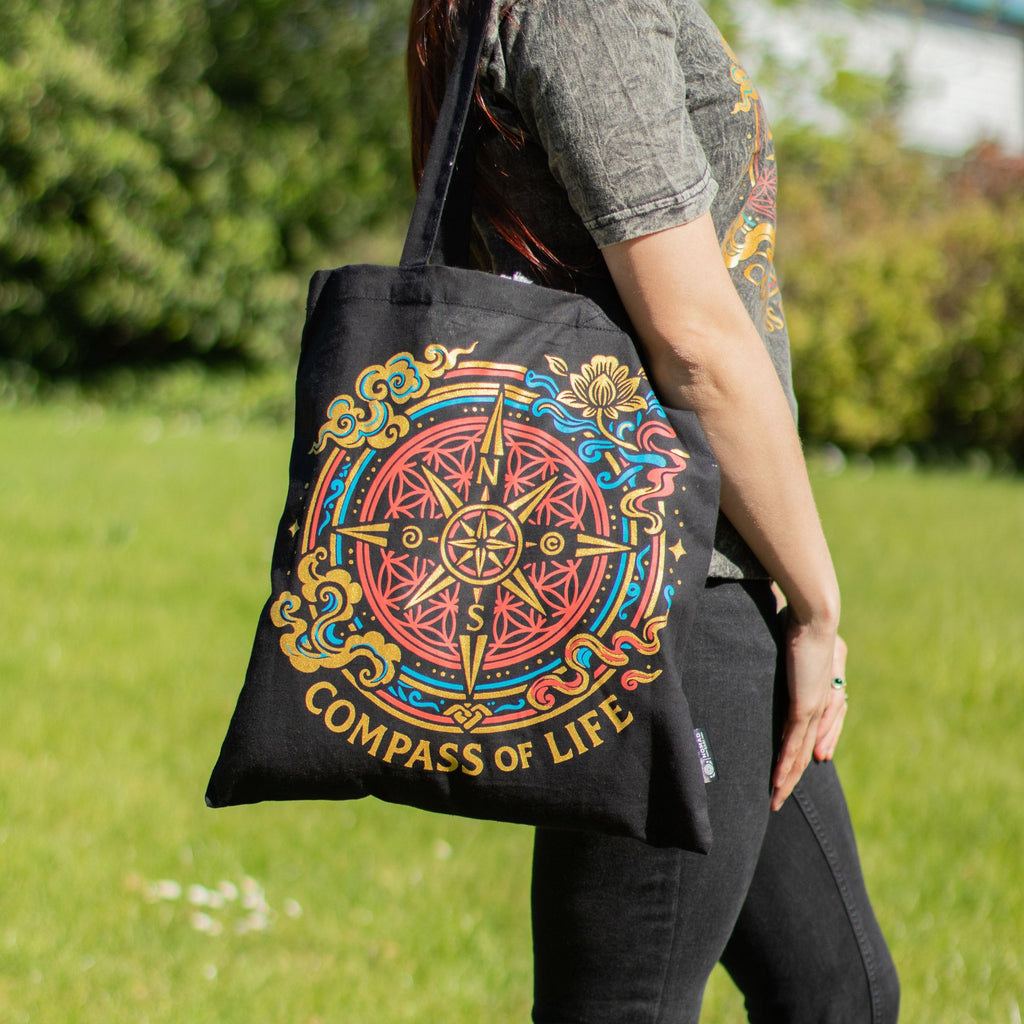 Compass of Life Cotton Tote Bag - Black – view 7