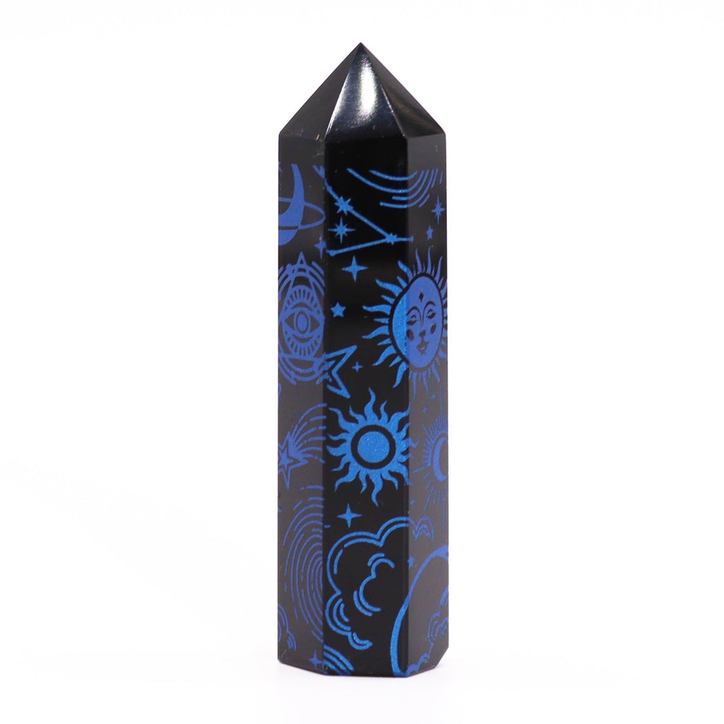 Engraved Black Obsidian Point - Midnight Blue Celestial Symbols – view 2
