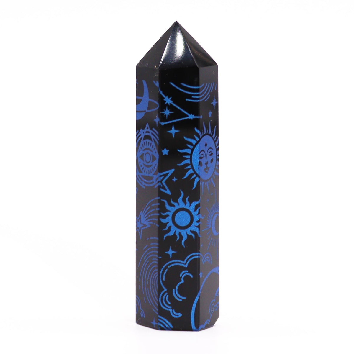 Engraved Black Obsidian Point - Midnight Blue Celestial Symbols – view 2
