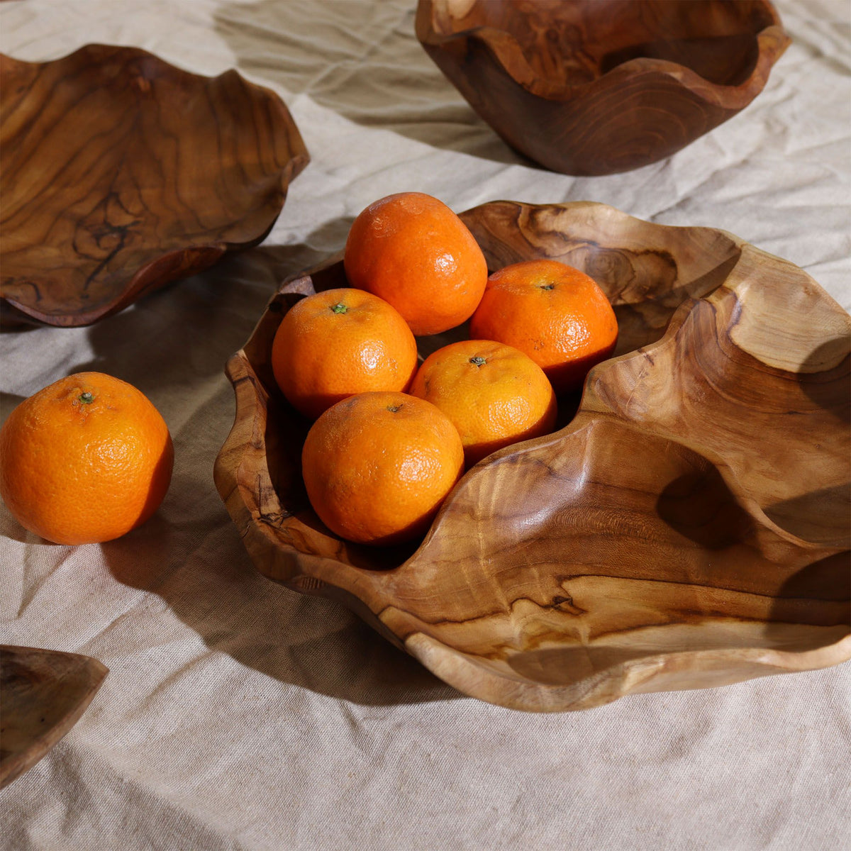 Smooth Round Teak Fruit Bowl, Three Sections 30cm