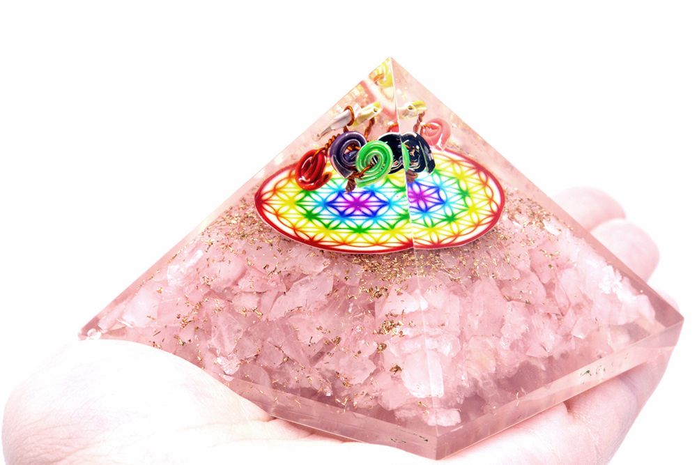 Orgonite Pyramid, Rose Quartz Rainbow Flower of Life, 70mm