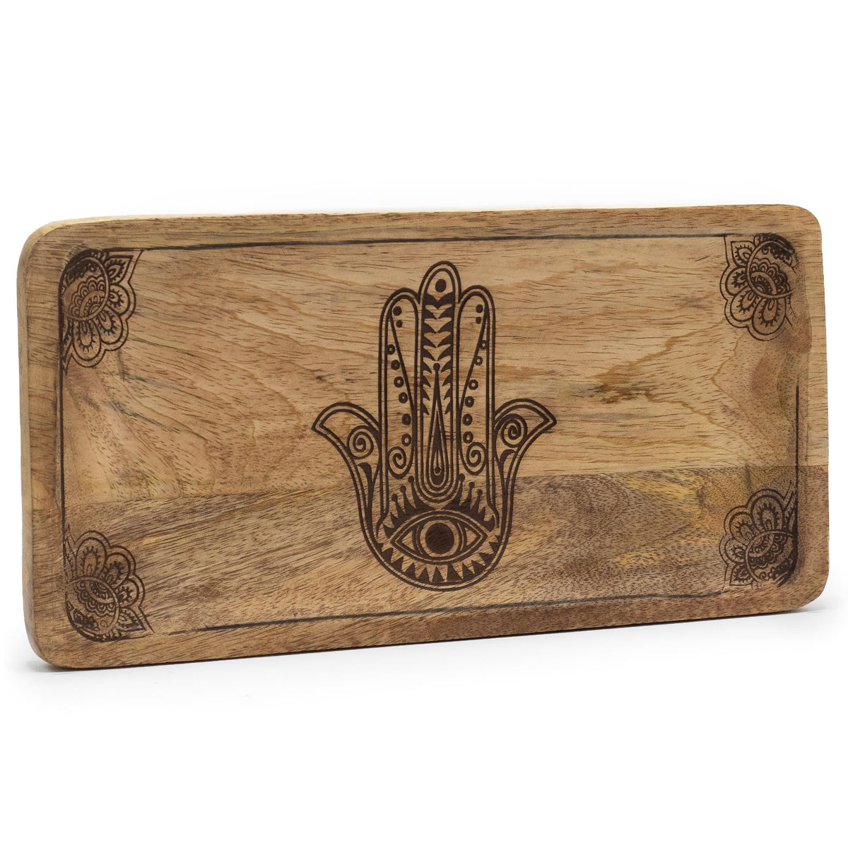 Mango Wood Long Tray 30x15cm, Hamsa Black Engraved