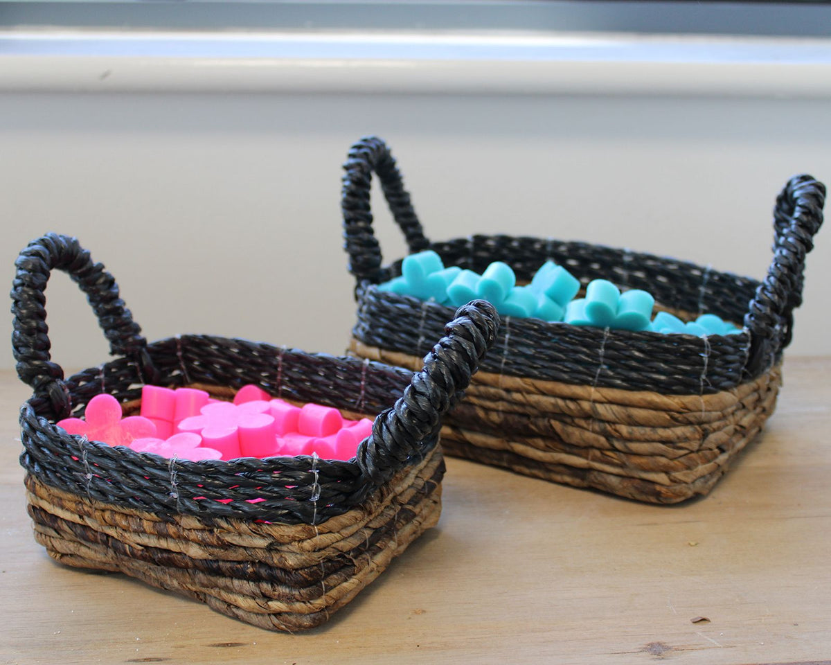 Banana Leaf & Black Raffia Square Baskets, Set of 3