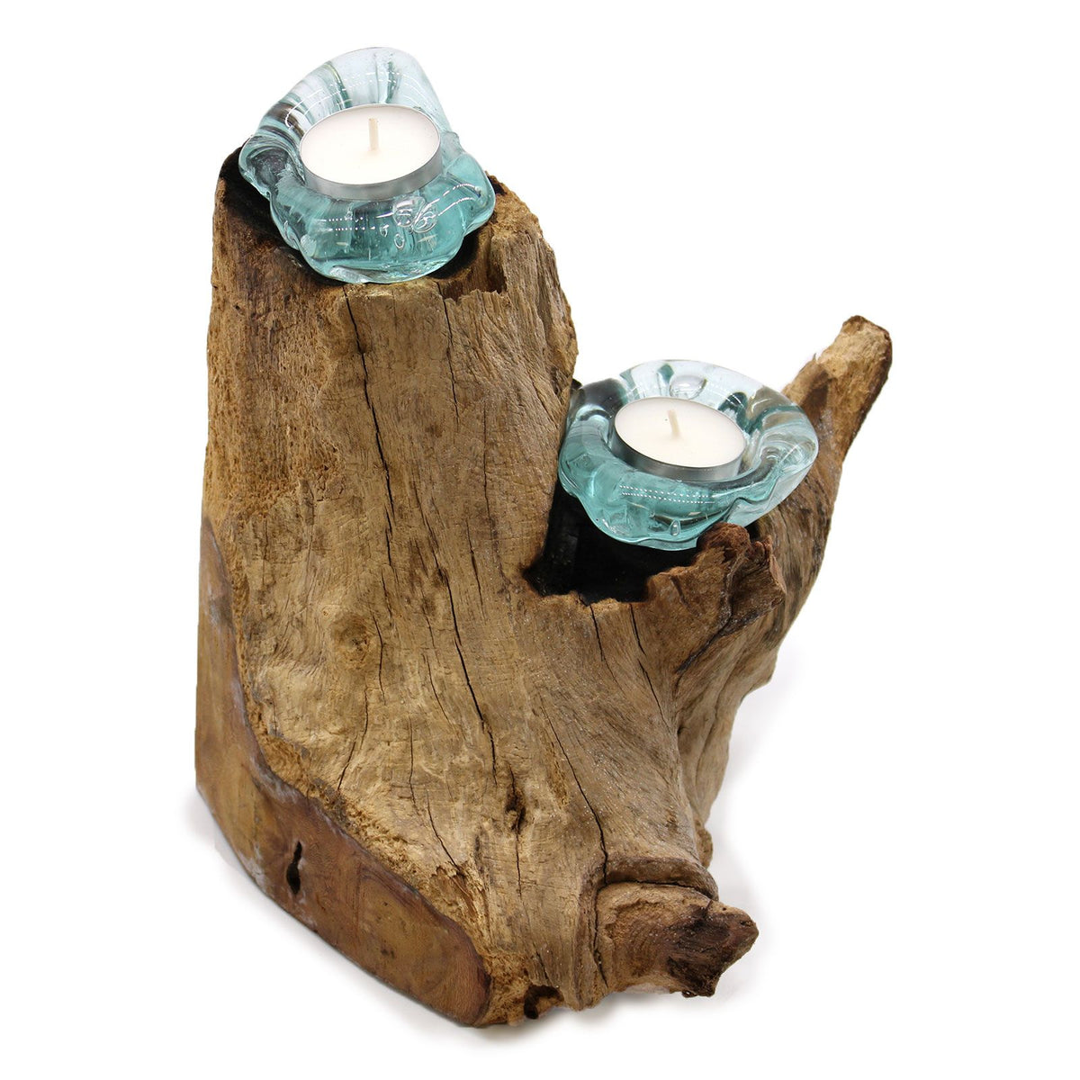 Molten Glass Double Candle Holder on Wood – view 2