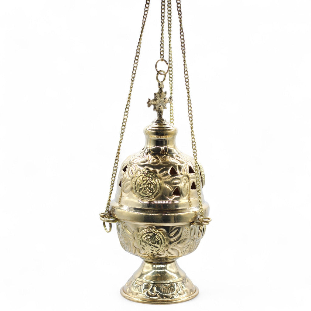 Hanging Brass Incense Burner with Cross Finial – view 3