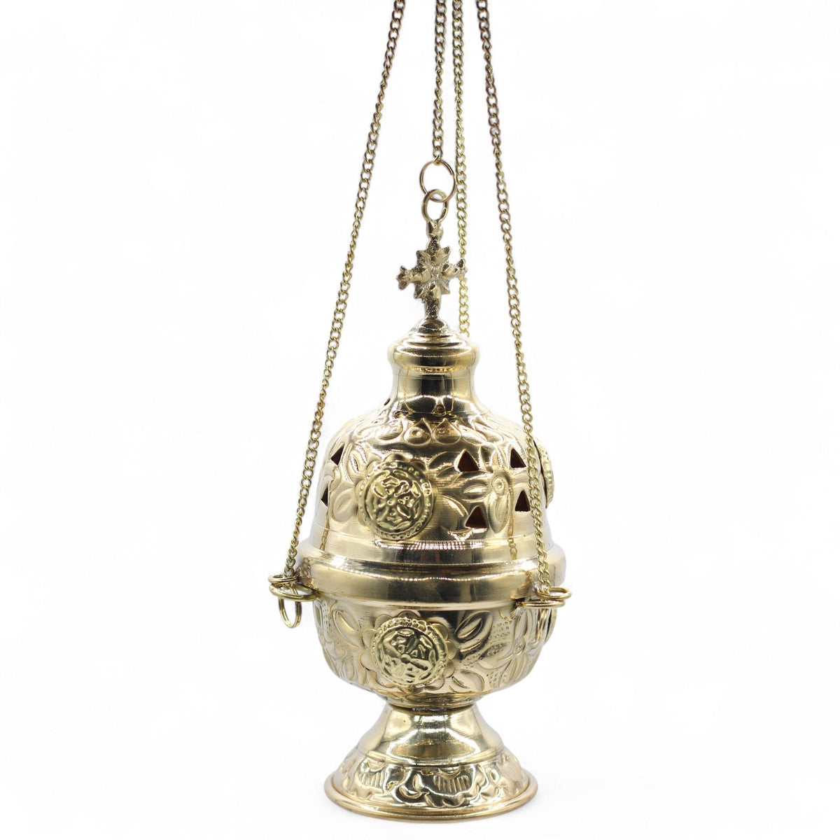 Hanging Brass Incense Burner with Cross Finial – view 3
