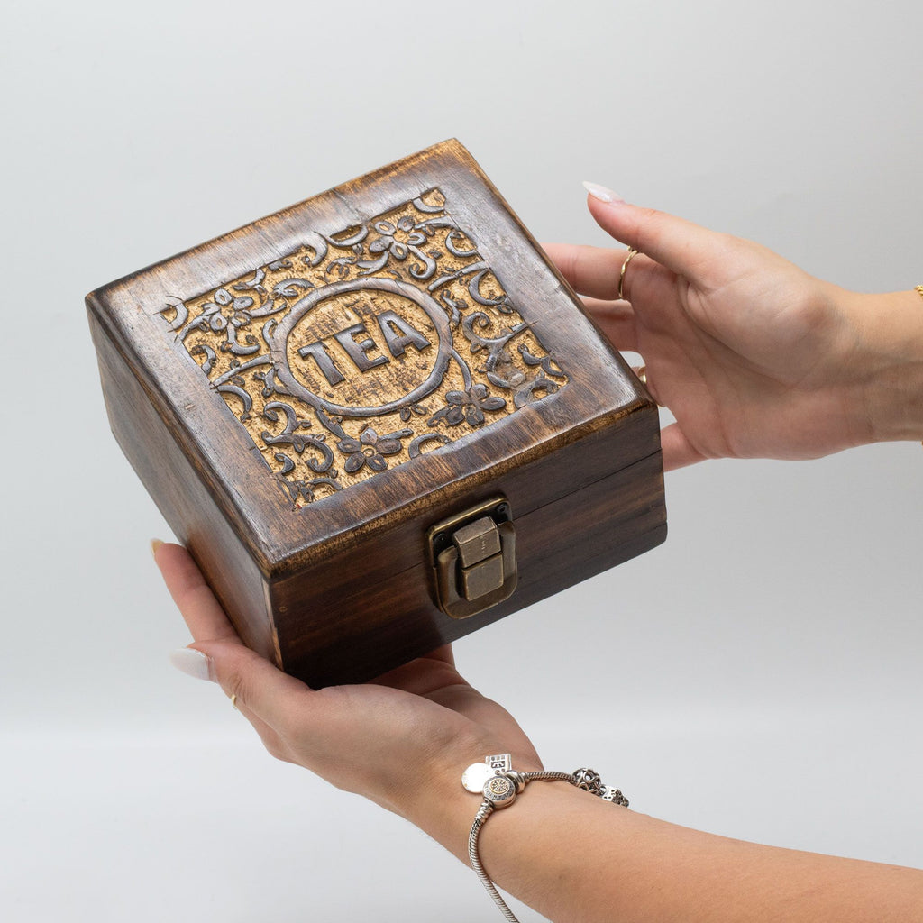 Mango Wood Carved Tea Box - 4 Compartments - 15x15x8cm