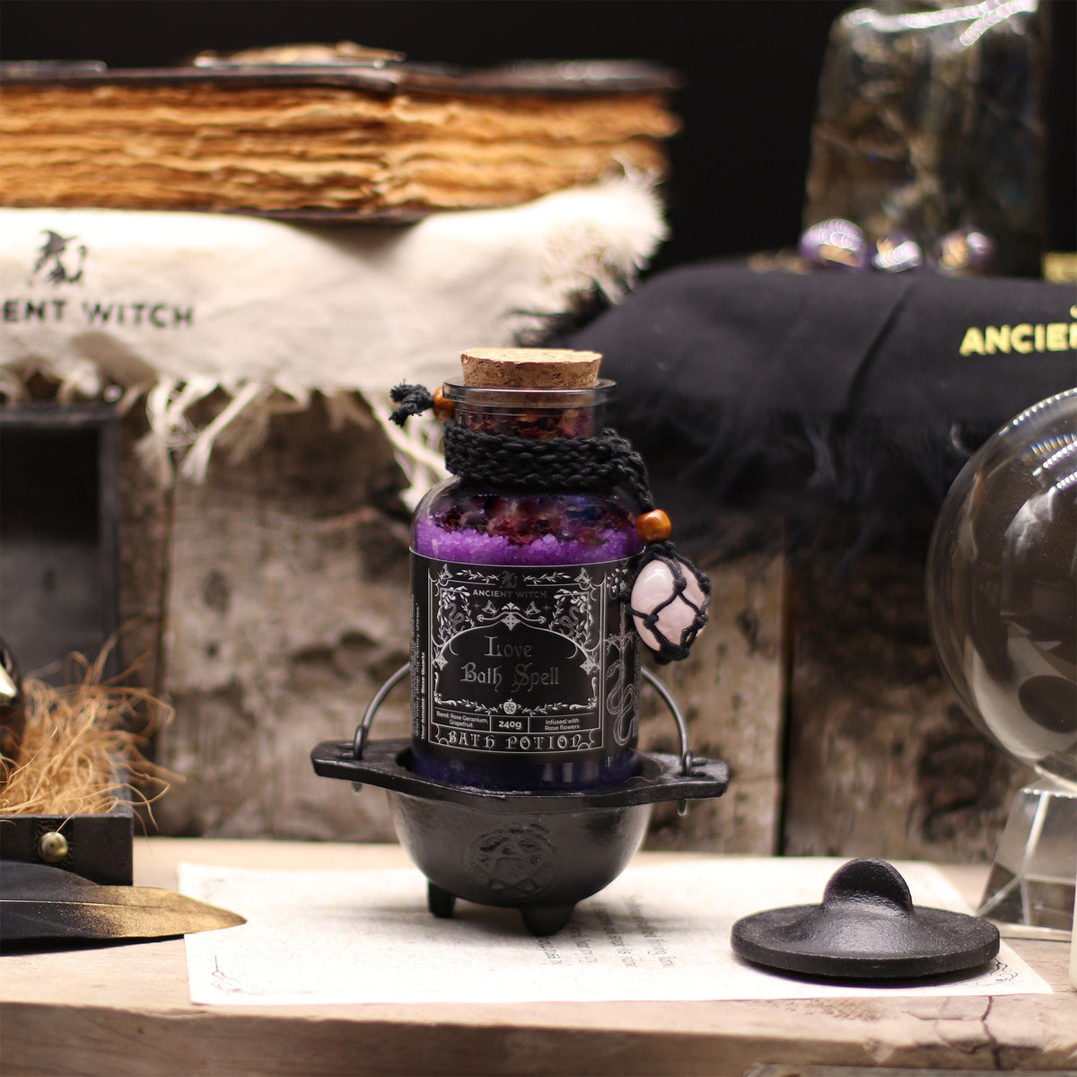 Ancient Witch Bath Spell Potion & Rose Quartz Crystal Amulet - Love – view 8