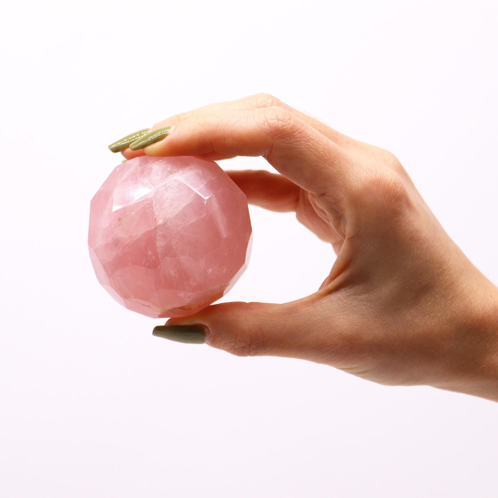 Faceted Rose Quartz Healing Ball with Wooden Stand