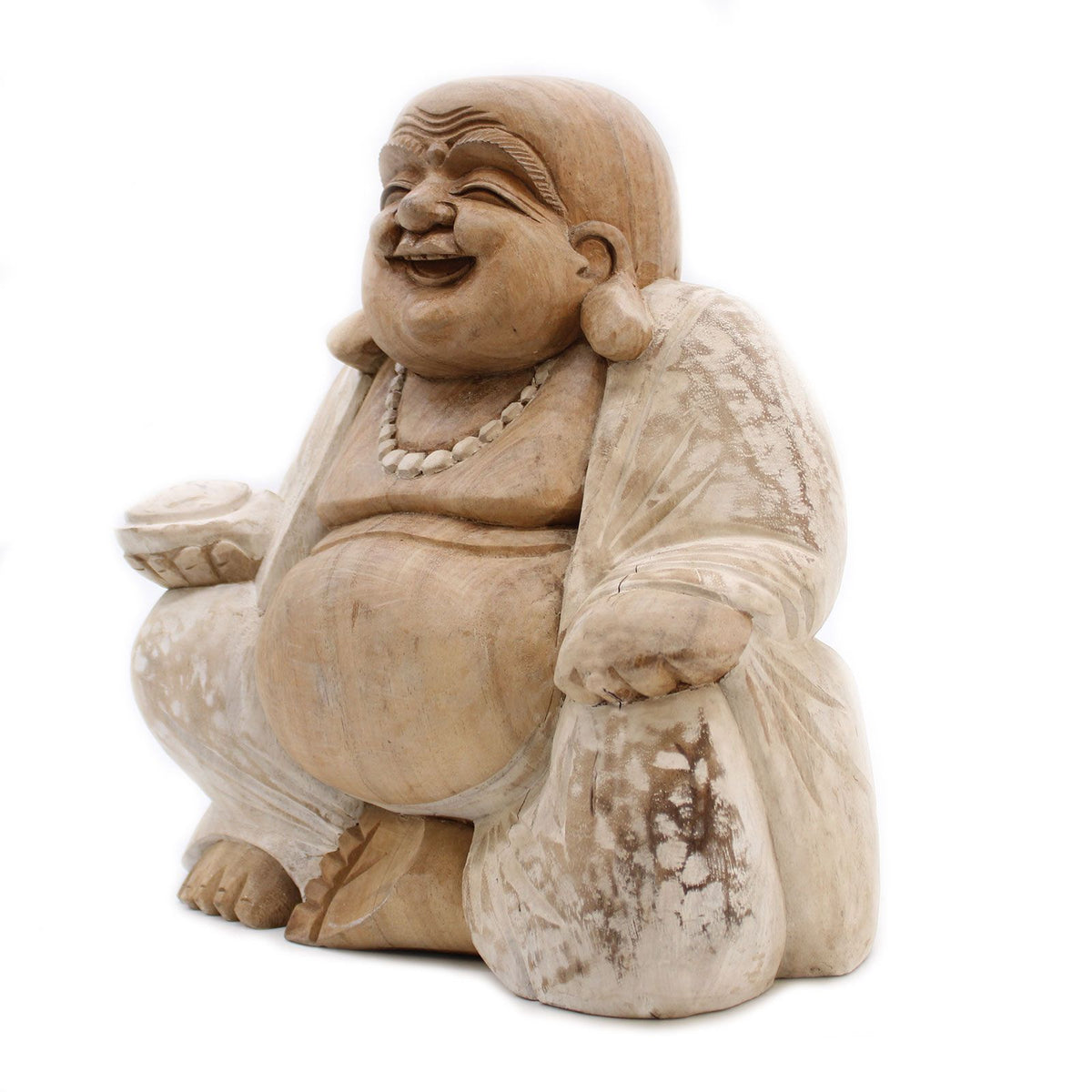 Hand Carved Happy Buddha Statue, Whitewash, 30cm
