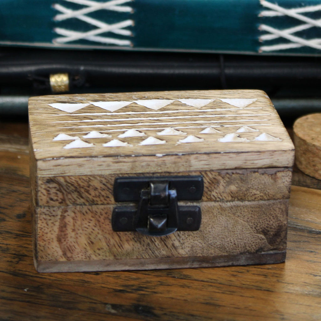 White Wash Mango Wood Pill Box, Aztec Design – view 4