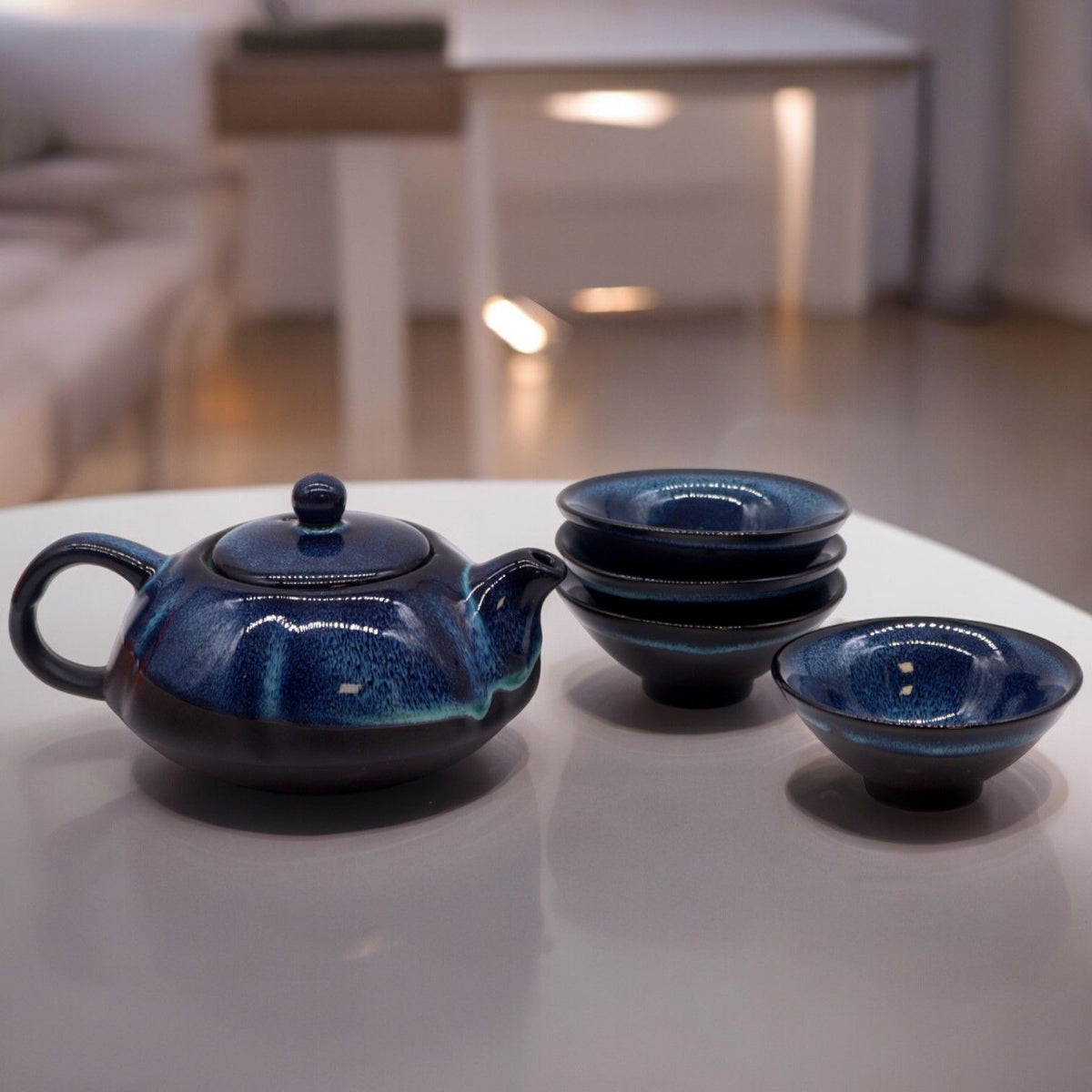 Blue Glaze Ceramic Teapot Set - Pot & Four Cups – view 5