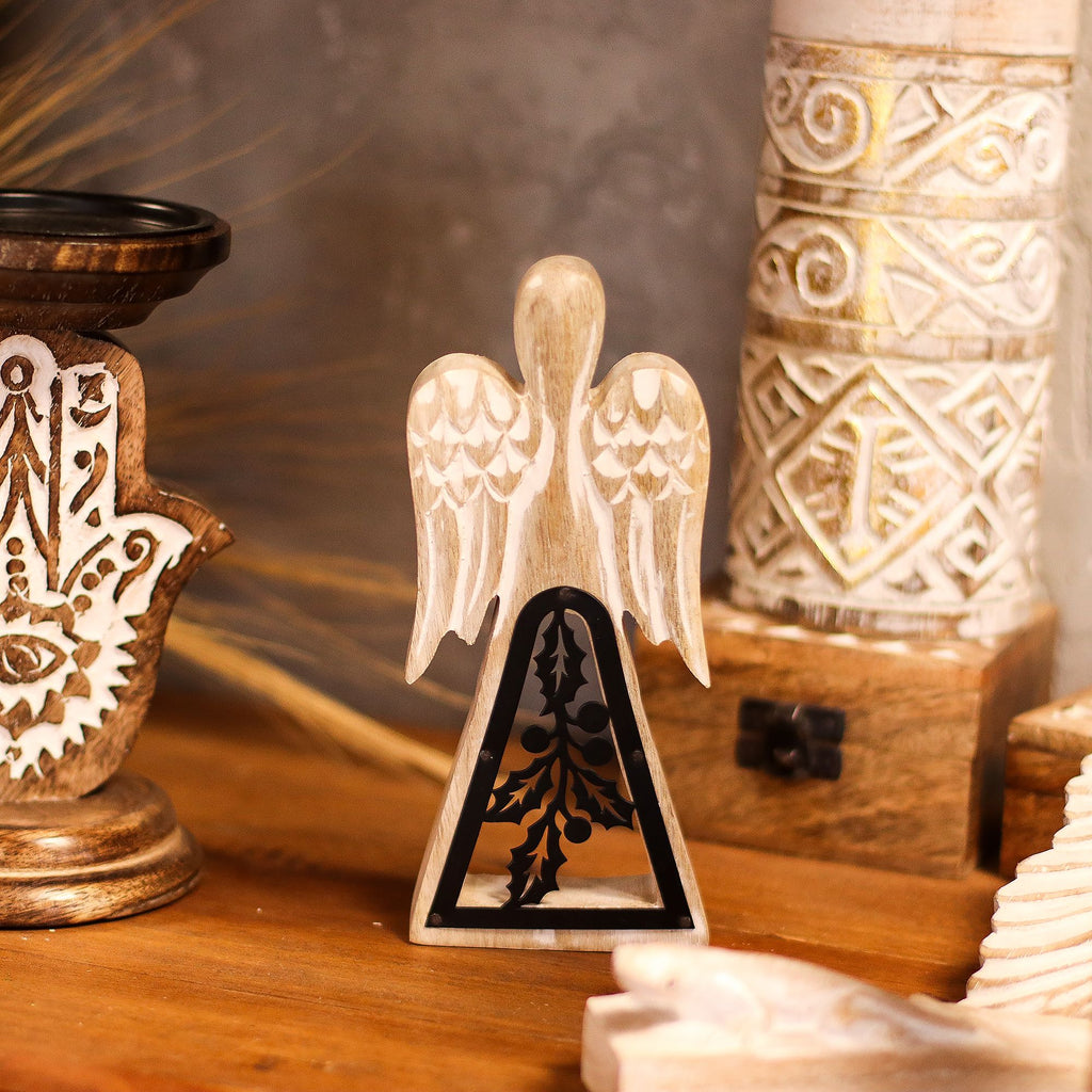 Mango Wood Angel - Whitewash, Iron Holly Cut-Out – view 8