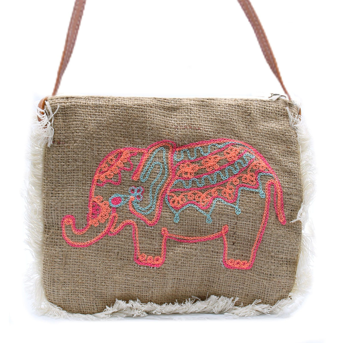 Fab Fringe Bag - Elephant Embroidery on Jute