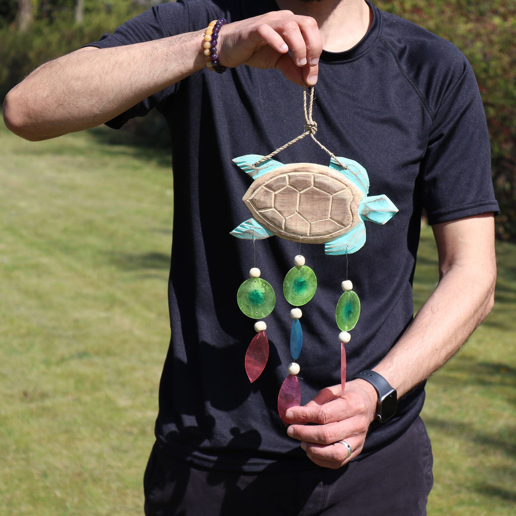 Aqua Turtle Carving & Capiz Shell Wind Chime – view 5