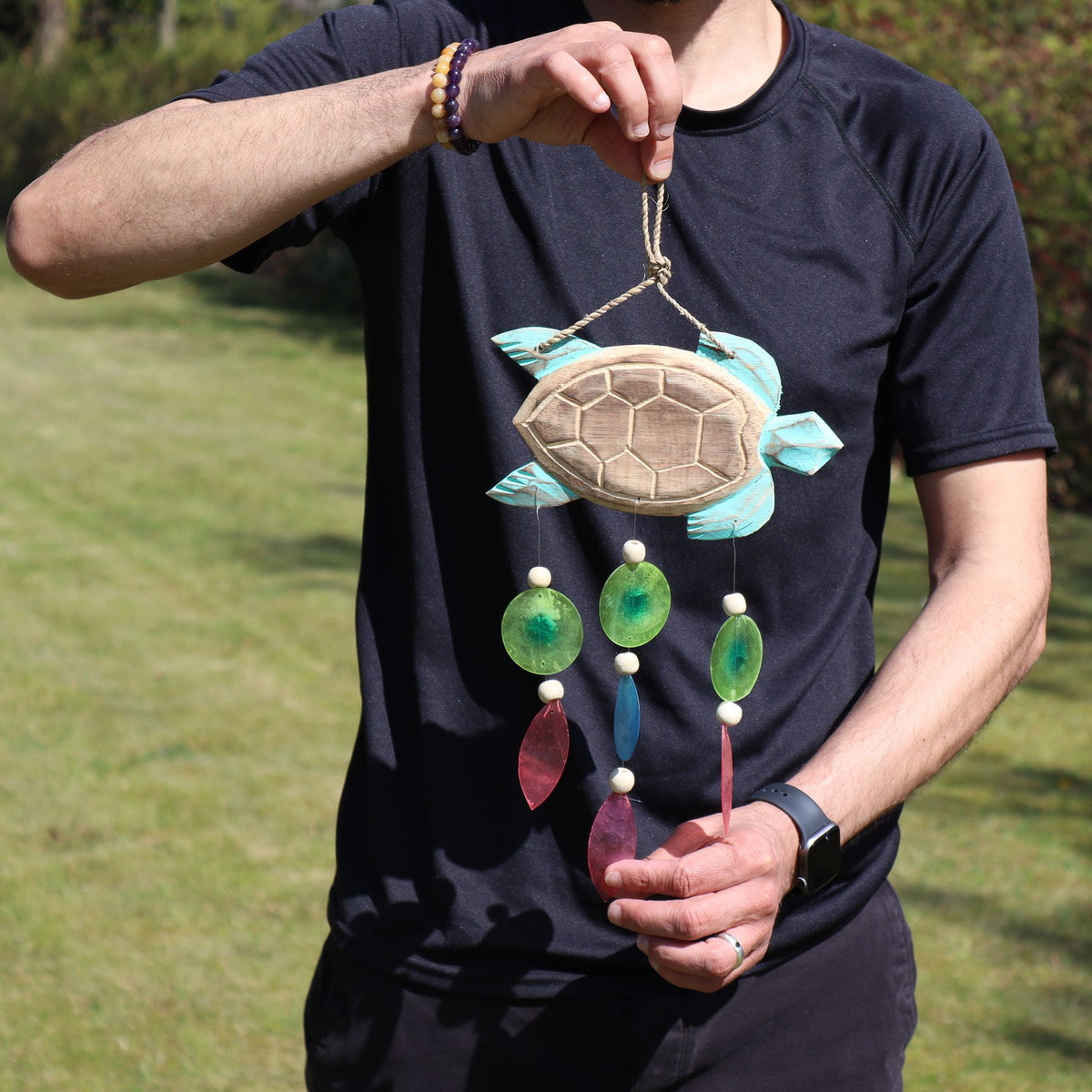 Aqua Turtle Carving & Capiz Shell Wind Chime – view 5