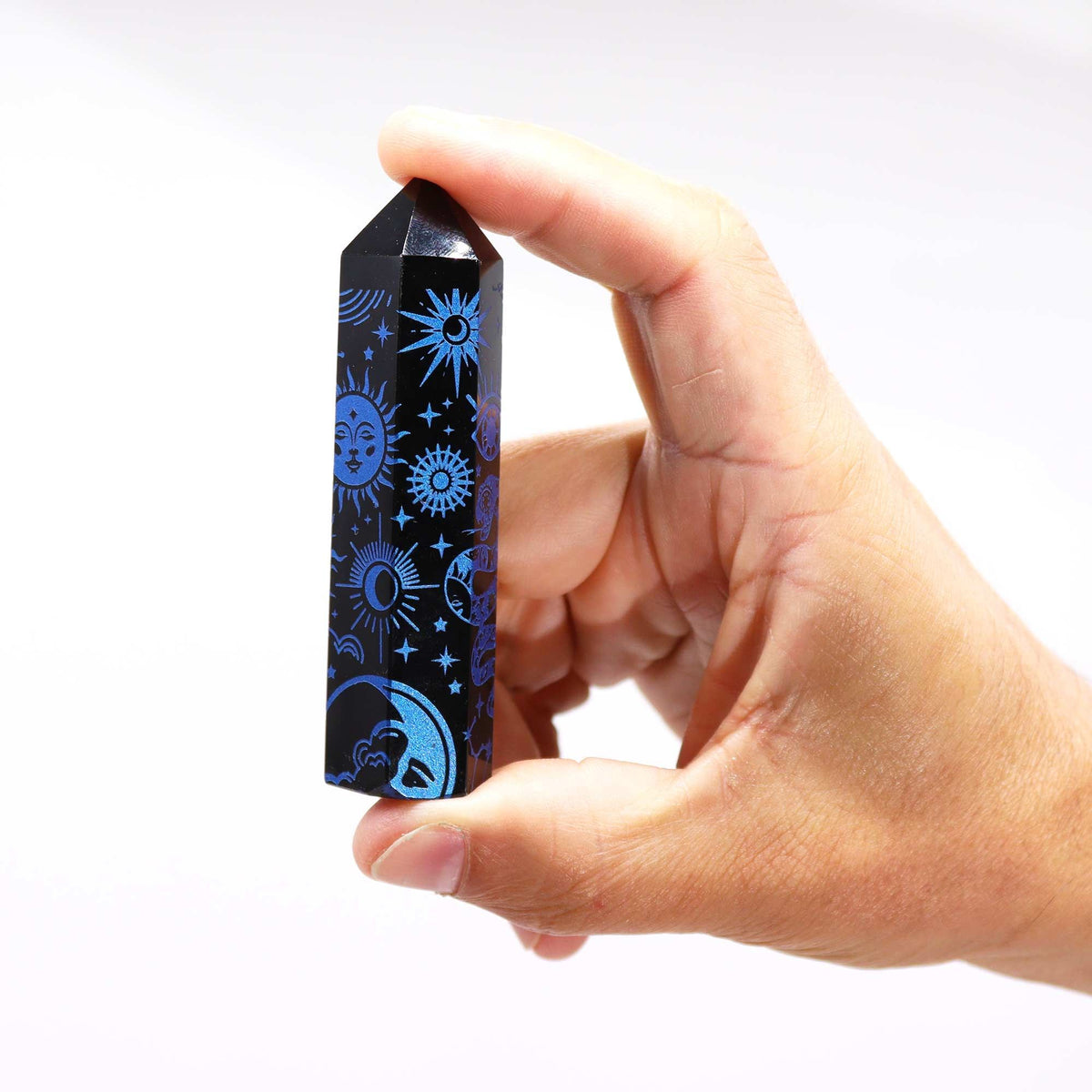 Engraved Black Obsidian Point - Midnight Blue Celestial Symbols