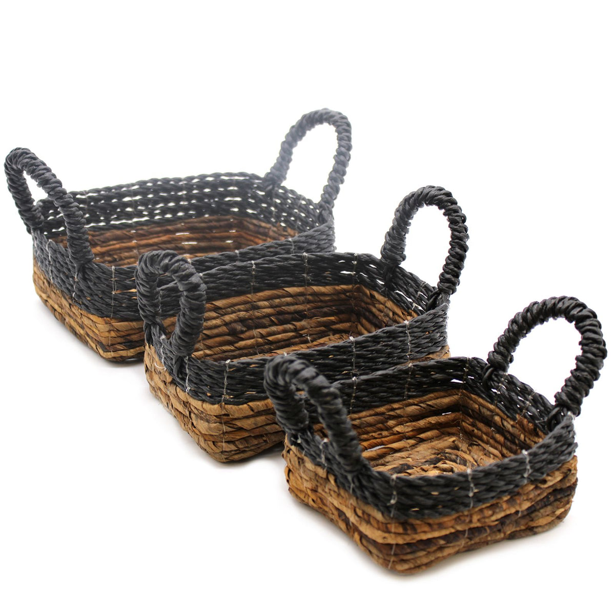 Banana Leaf & Black Raffia Square Baskets, Set of 3 – view 6